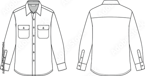 Long sleeve button-up shirt flat sketch with front and back views, detailed pockets, collar design, technical apparel vector illustration, template