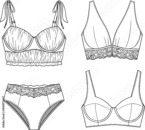 Lingerie technical sketch set, bra and panties collection, fashion flat design, underwear cad drawing, vector illustration