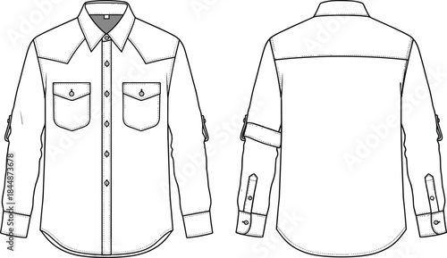 Long sleeve shirt fashion CAD technical flat sketch, detailed front and back vector illustration for apparel design, garment construction blueprint template
