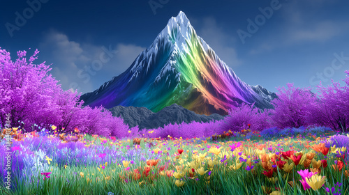 Surreal fantasy landscape with a majestic rainbow mountain, vibrant flower field and purple trees under a clear blue sky, magical nature concept.