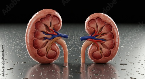 Detailed 3D Render of Human Kidneys, Anatomical Cross-Section, Medical Illustration.