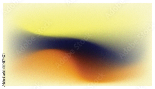 Abstract Minimalist Gradient Background with Yellow, Navy Blue, and Orange Blurred Flowing Shapes and Grain Texture