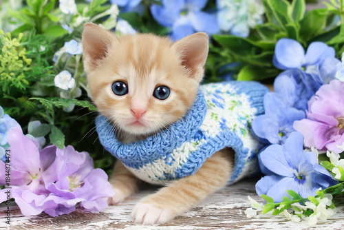 Adorable ginger kitten wearing a blue knitted sweater sitting among beautiful purple and blue flowers, cute pet and spring concept.