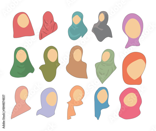 Women hijab head scarf religious fashion style, faceless illustration
