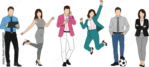 Diverse Office Workers Raising Hands, Showing Agreement, Volunteering, or Surrendering in Formal Corporate Attire