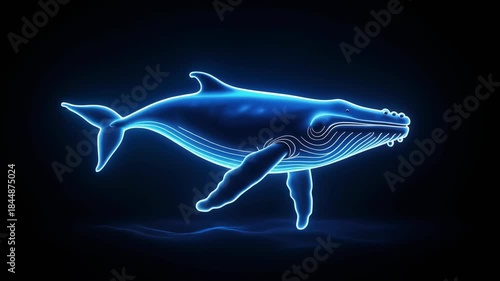 Wallpaper Mural A stunning blue neon glowing whale swimming in the dark, depicted with a futuristic digital art style, highlighting its majestic form. Torontodigital.ca