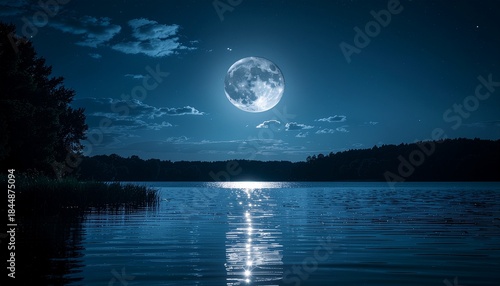 水辺に浮かぶ月。月明かりの美しい情景。The moon floating on the water. A beautiful moonlit scene.