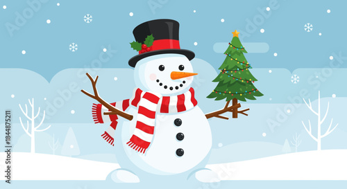 A cheerful snowman wearing a hat and scarf holds a decorated Christmas tree in a snowy winter landscape.