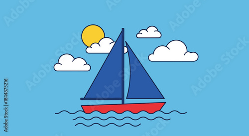 A simple, flat illustration of a red sailboat with blue sails on a wavy blue sea under a sunny sky with white clouds.