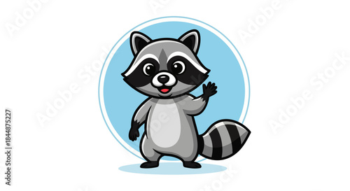 A cute cartoon raccoon with a friendly expression waving its paw in front of a light blue circle.