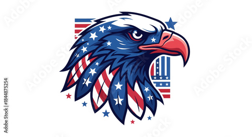 An illustration of an eagle's head with the American flag design incorporated into its feathers and background.