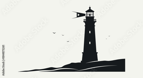 A striking black silhouette of a lighthouse stands tall on a rocky coastline under a pale sky, with a few birds in flight.