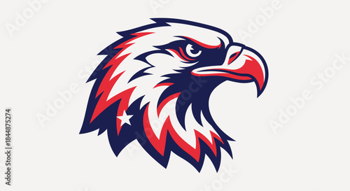 Stylized illustration of a patriotic eagle head with red, white, and blue feathers.