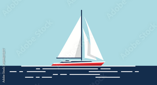 A sleek red sailboat with white sails glides across a calm, light blue ocean under a clear sky.