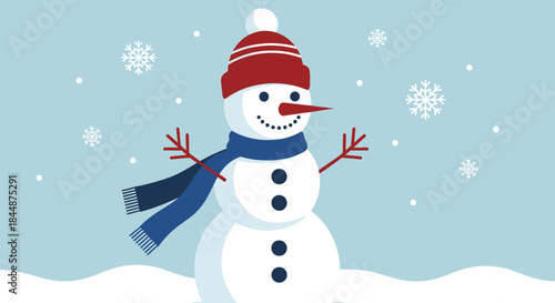 A cheerful snowman wearing a red and white striped hat and a blue scarf.