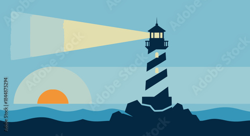 A solitary lighthouse stands tall on a rocky outcrop, its powerful beam cutting through the twilight sky as the sun sets over the ocean.