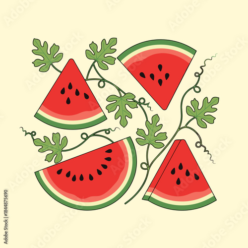 Fresh Watermelon Slices with Green Vines Illustration. Refreshing Summer Fruit Pattern Design with Juicy Wedges and Leaves.
