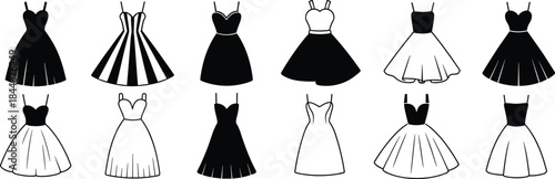 Fashion vector set of twelve stylish black and white dresses with varied necklines, straps, and skirt silhouettes.