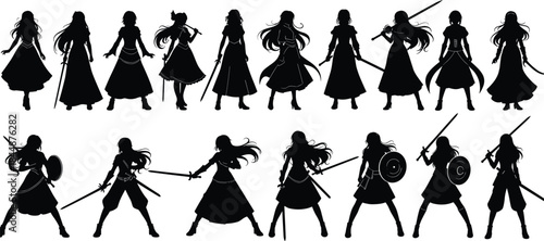 Female Warrior Silhouettes in Combat and Elegant Poses Featuring Swords, Shields, Hairstyles, and Outfits in Black Vector Grid