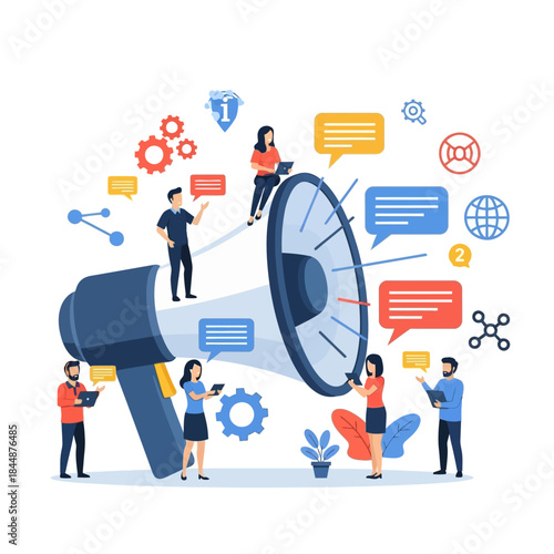 Megaphone with People and Speech Bubbles.
