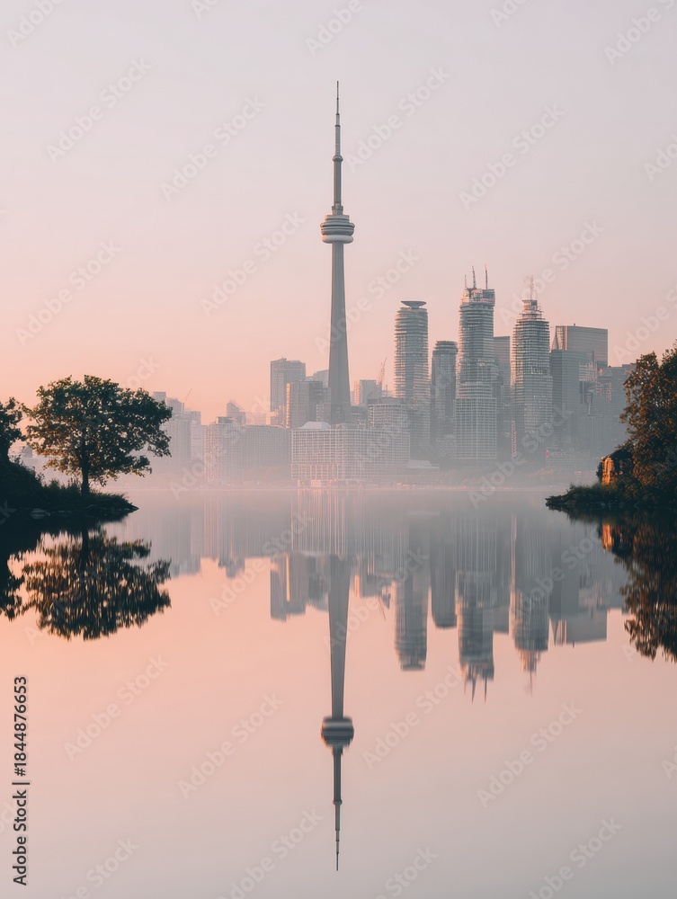 Naklejka premium Toronto Skyline View With Lake Reflection During Early Morning Light Near Summer Sunrise Over the City Landscape and Urban Scene