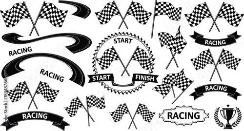 Finish Line, Checkered Flags, Race Track, and Trophy Outline for Motorsports and Competition Graphics
