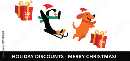 Cartoon penguin and dog in Santa hats, holiday discount scene, sled ride, gift boxes, Christmas sale, festive winter illustration, cheerful