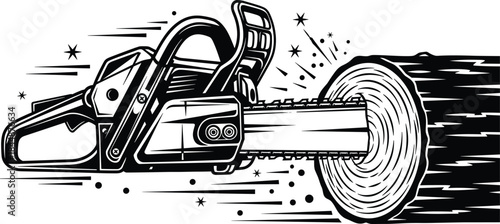 Chainsaw illustration, wood cutting tool, logging equipment, forestry concept, lumberjack gear, timber industry, black and white drawing, dynamic action, detailed artwork, log texture