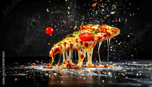  pizza slices and melted cheese, meat and delicious tomato sauce with black background