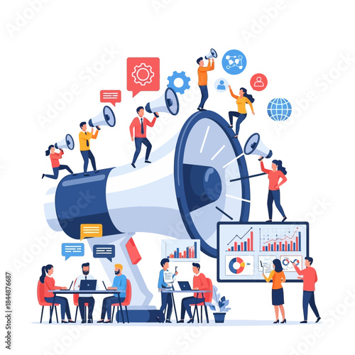 People interacting with giant megaphone illustration.