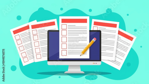 Computer Monitor Displaying Checklist and Pencil.