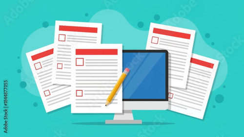 Computer Monitor with Documents and Pencil.