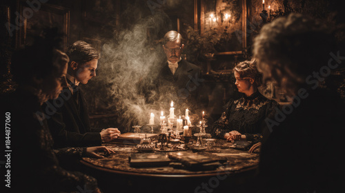 Victorian occult seance mystical gathering magic scene with ectoplasm ghost spirit and round table with candles medium and spiritualism spectators people vintage fashion