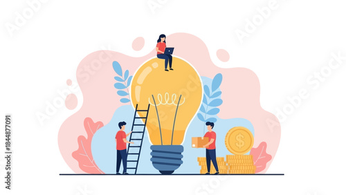 People Working Together on Large Lightbulb.
