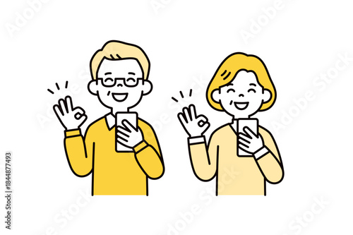 スマートフォンを持って笑顔でOKサインをする、おじいさん・おばあさんのベクターイラスト素材