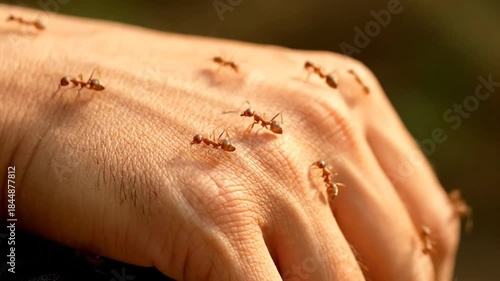 Close-up view of a hand covered with several tiny ants, on blurred natural background