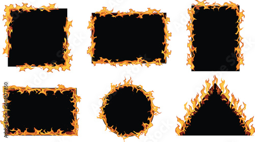 Flaming shape illustration set featuring square, rectangle, circle, and triangle with animated fire borders for vector design