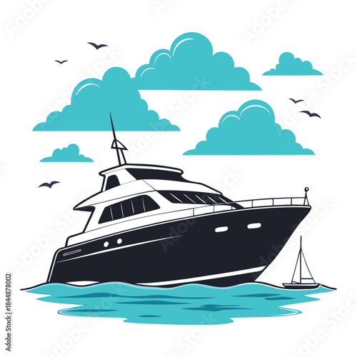 A magnificent motor yacht sailing on the ocean under a cloudy sky with birds flying overhead