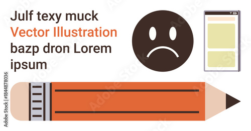 Writing tools, emotional communication, digital interfaces, creativity, education, social media. Sad emotion, large orange pencil and mobile interface. Emotional communication and writing tools