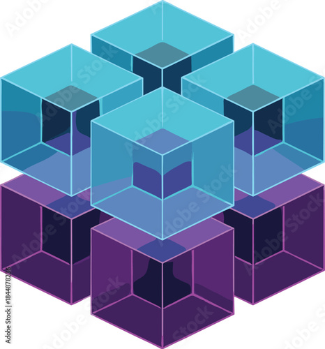 Transparent cyan and purple 3D cubes, geometric grid structure, abstract spatial design, modern architecture concept, isometric perspective, digital modeling background