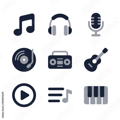 Flat Design Style Music Theme Icon Set of Musical Instruments