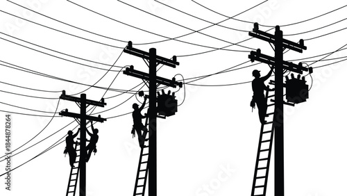 Utility workers, power lines, electrical maintenance, safety gear, tran, silhoungineering