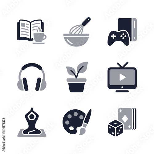 Minimalist Two Color Home Hobbies and Recreation Activity Icon Set