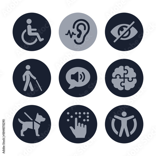 Simple Dark Circle Disability Awareness Support Inclusion Pictogram Icon Set