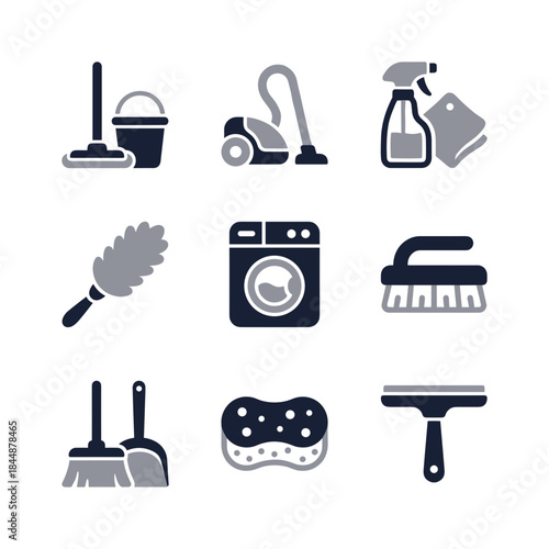 Minimalist Two Tone Cleaning Equipment and Laundry Supplies Icon Set