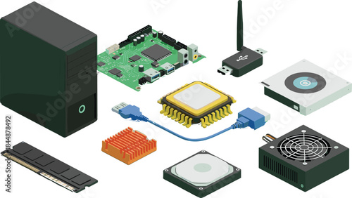 Computer hardware components, motherboard, CPU, RAM, hard drive, power supply, heatsink, USB cable, Wi-Fi adapter, optical drive, isometric layout, tech