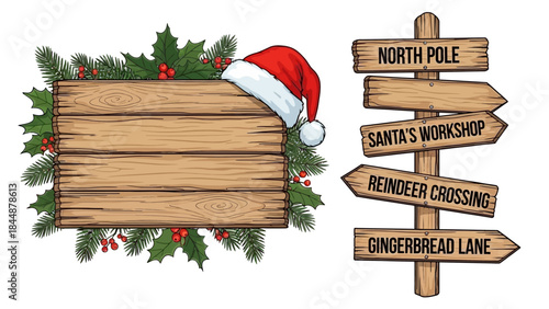 Christmas wooden empty signs and road signs set. Wooden sign decorated with holly and fir branches with Santa hat . A road sign with arrows. Illustrated vector clipart