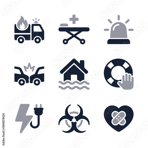 Minimalist Two Tone Emergency and Disaster Safety First Aid Icon Set