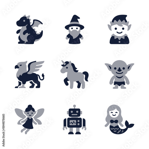 Simple Flat Fable Creature Set Dragon Wizard Elf Icon Collection