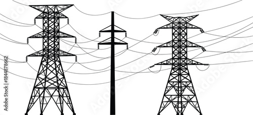 Electric transmission towers, power lines infrastructure, lattice steel pylons, energy grid, rural landscape, utility poles, voltage distribution, industrial engineering, countryside